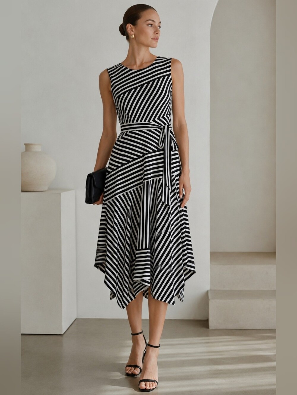 Calvin Klein Black White Geometric Stripe Midi Dress Tie Waist Handkerchief Hem